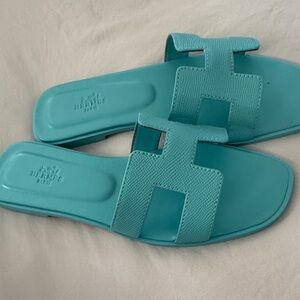 Hermes Turquoise Slide Sandals